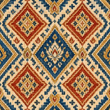 Hand Painted Thai Textile Inspired Seamless Geometric Floral Pattern