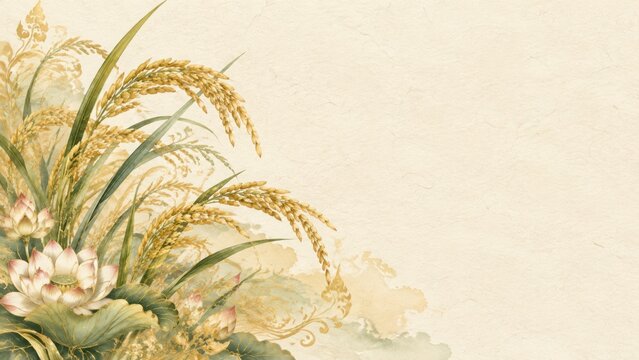 Golden Rice Stalks in Thai Hand Painted Decorative Art with Copy Space