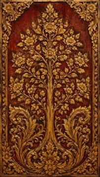 Traditional Thai Door Panel Inspired Hand Painted Gold Floral Ornament