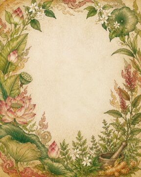 Thai Botanical Manuscript Style with Hand Painted Tropical Plants and Copy Space