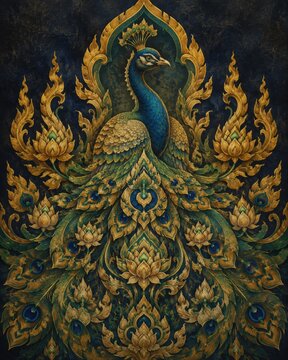 Golden Peacock with Thai Ornamental Feathers in Hand Painted Fine Art
