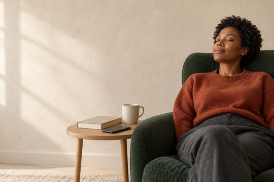Black woman taking digital detox screen break at home with copy space