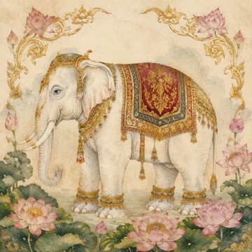 Decorative White Elephant Hand Painted in Elegant Traditional Thai Art