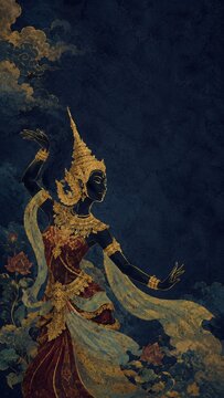 Thai Celestial Dancer Hand Painted in Traditional Golden Decorative Style