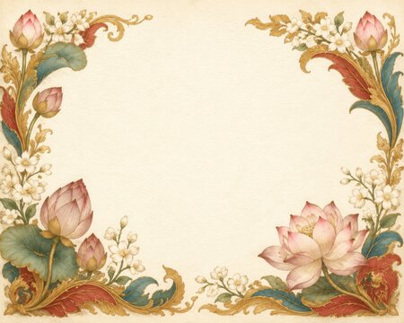 Hand Painted Thai Floral Border with Elegant Ivory Copy Space