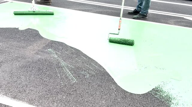 Cinematic close-up of a paint roller applying green coating to a sports court surface, showcasing facility maintenance and renovation work in high definition.
