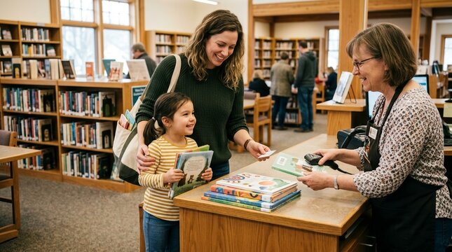 Mother and daughter checking out books at library counter with librarian scanning items