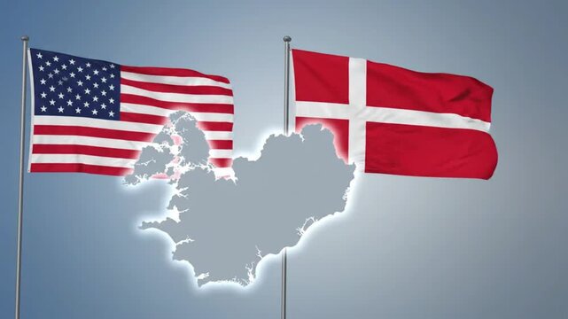 Greenland map displayed in front of a waving usa and denmark flag background a detailed