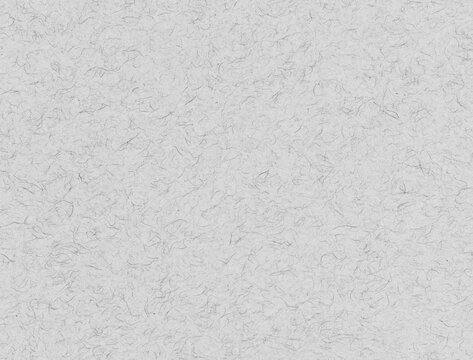Fibrous paper texture with long tangled strands embedded in a white sheet, giving stationery and collage backgrounds an uneven handmade surface with scattered darker fibers