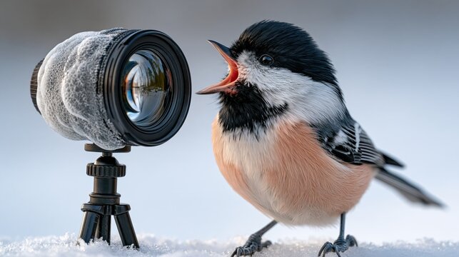 Winter Birdwatching humorous photo: a camera lens fogging up on a tripod while a bird laughs at it, bright white background.