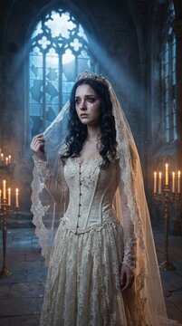 Crying gothic bride standing in dark cathedral with lit candles