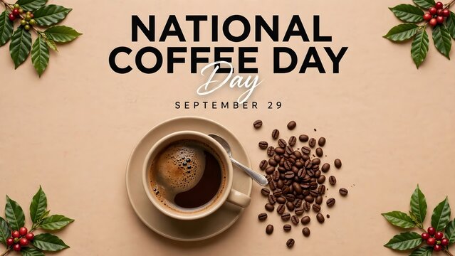 National coffee day greeting card with a cup of black coffee, spoon, and coffee beans