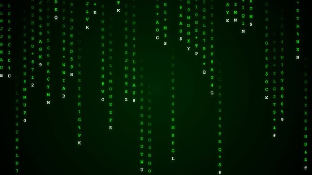 Green matrix digital rain code background with falling numbers and letters in abstract cyberspace