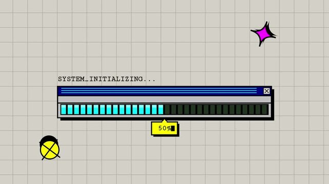 Retro computer progress bar loading system initializing on vintage pixel display screen