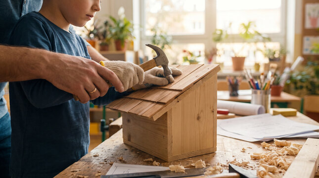 Child learning to build a birdhouse with adult supervision indoors  