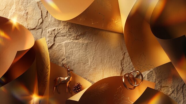 Elegant golden holiday background with deer and rings on stone texture