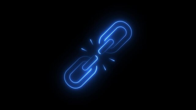 Animated glowing neon unlink icon isolated on a black background, representing broken links, disconnected connections, network interruption,Modern luminous line-art design 4K motion graphics.