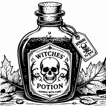 Witches potion bottle with skull label and autumn leaves vector illustration
