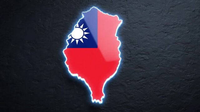 Taiwan national flag illuminated on a dark digital world map background a glowing representation