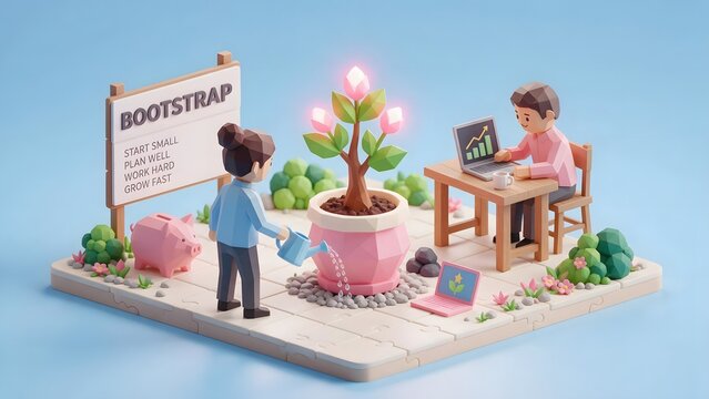A stylized 3d low-poly miniature diorama representing startup bootstrapping, tiny entrepreneurs manually watering a glowing geometric plant in a