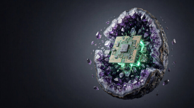 Shattered geode floating in dark gradient space with crystal shards reassembling mid-air around a glowing computer processor