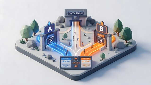 A stylized 3d low-poly miniature diorama of a/b testing, a glowing fork in the road where tiny customer avatars walk down either a neon blue path or