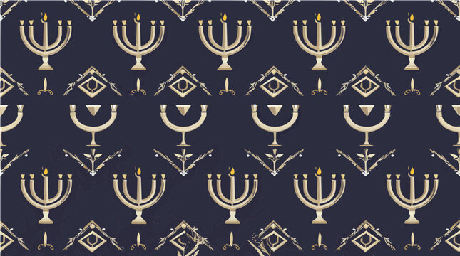 Hanukkah vektor seamless pattern with golden menorahs on blue