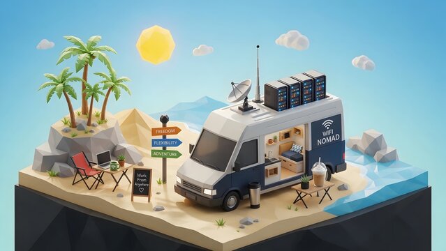 A stylized 3d low-poly miniature diorama of a digital nomad lifestyle, a sleek minimalist camper van parked on a geometric beach, featuring glowing