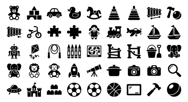 Kids Toys Icon Collection, Children's Playtime and Activities, 36 Minimalist Black and White Vector Symbols
