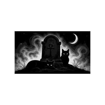 Detailed gothic graveyard scene with black cats and an ankh tombstone vector illustration