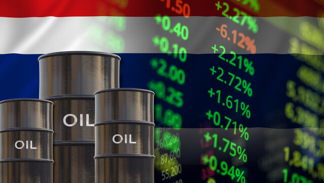 The Thai oil industry and fluctuations in Thailand crude oil prices. Commercial crude oil barrels, the Thailand flag, and concepts related to national energy infrastructure. Financial market data 