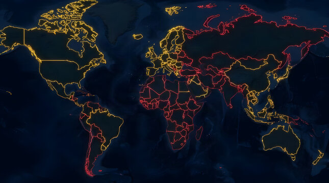 Worldwide map illuminated by glowing light points on coasts and borders with world map coastal cities glowing lights night map population density geopolitical map international