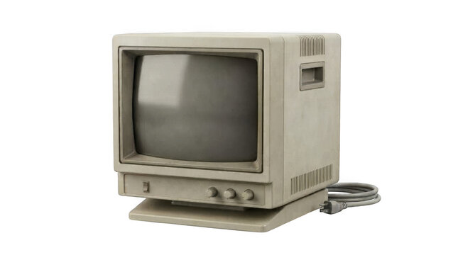 Vintage beige computer monitor with cathode ray tube display on transparent background set.
