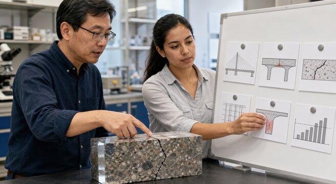 Concrete petrography laboratory - a petrographer and bridge engineer discussing repair priority