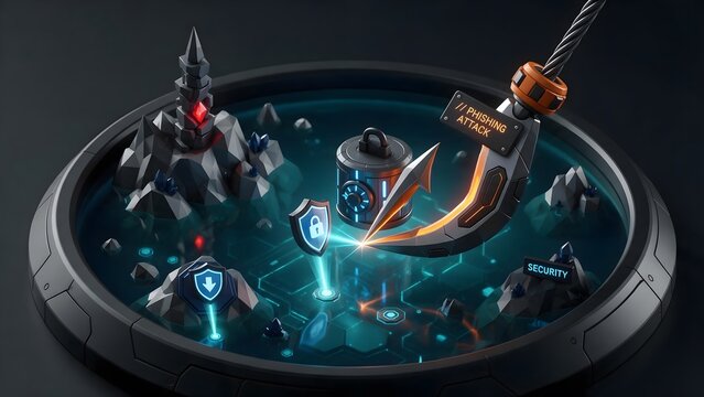A stylized 3d low-poly miniature diorama of a phishing attack, a giant glowing mechanical fishhook trying to grab a locked data vault from a glowing
