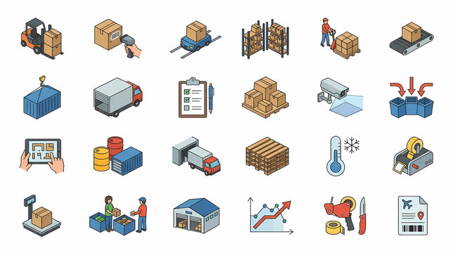 Comprehensive collection of 24 isometric icons depicting warehouse logistics, supply chain management, shipping operations, automated inventory systems, and distribution workflows.