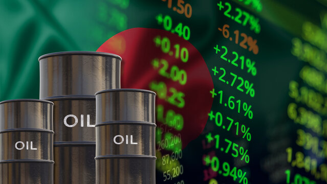 The Bangladeshi oil industry and fluctuations in Bangladeshi crude oil prices. Commercial crude oil barrels, the Bangladesh flag, and concepts related to national energy infrastructure. 
