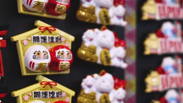 Japanese tourist souvenirs and gifts with symbols of Japan, daruma figure, kitsune fox, tengu mask, mount Fuji, fridge magnets, maneki-neko figurine, key ring keychain, local gift shop in Tokyo, Japan
