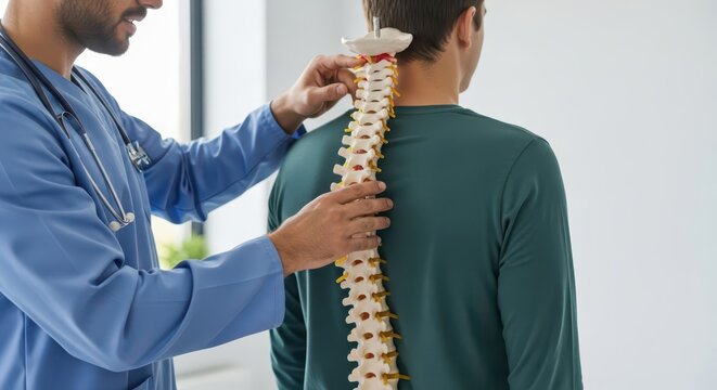 Chiropractor examining patient's spine model during medical consultation and treatment demonstration