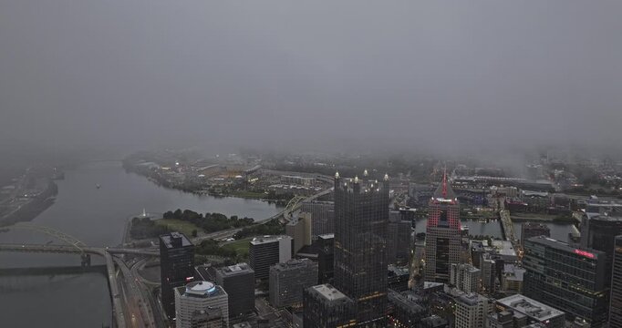 Pittsburgh Pennsylvania Aerial v102 fly through thick fog capturing downtown cityscape and views of the confluence of three rivers on a foggy day - Shot with 5k Camera - Sept 24th 2023