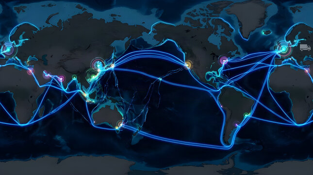 Global ocean currents and marine data map visualization with glowing blue routes across the world sea routes shipping lanes pacific ocean atlantic ocean indian ocean navigation