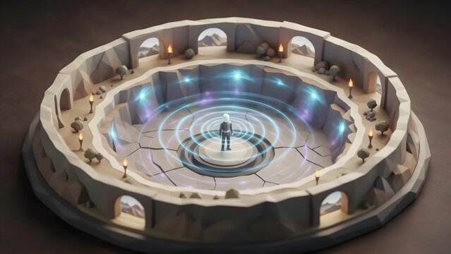 A stylized 3d low-poly miniature diorama of an echo chamber, a circular high geometric canyon where glowing soundwaves bounce directly back at an