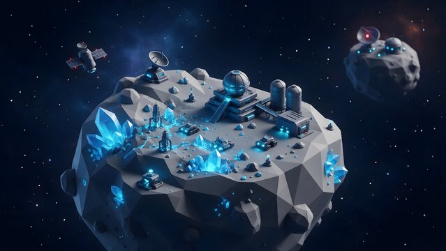 A stylized 3d low-poly miniature diorama of space mining, a floating grey geometric asteroid with glowing precious crystal veins being carefully