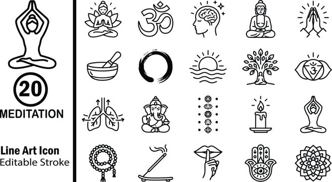 Meditation line icon set. featuring mindfulness, relaxation, wellness, mental health, yoga, breathing, calm, peace, stress relief. Editable stroke. Vector illustration