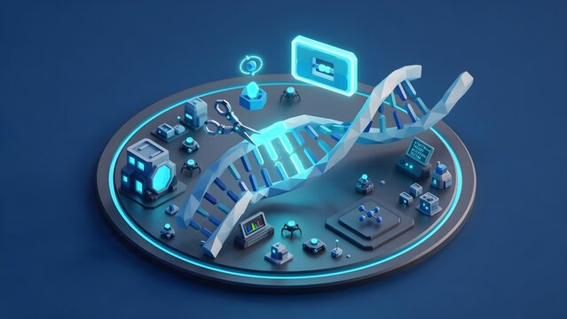 A stylized 3d low-poly miniature diorama of gene editing technology, tiny futuristic robotic scissors precisely snipping and replacing a glowing