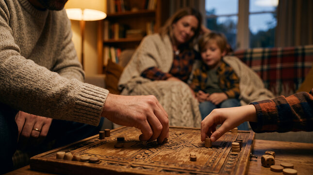 Family playing a wooden board game together in a cozy living room  