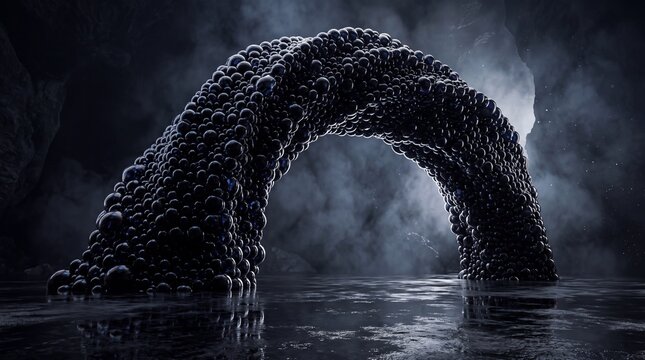 Sculpture formed by a massive collection of human skulls creates an arched bridge silhouette in a dim cavernous space with atmospheric fog for a dark moody cinematic background design.