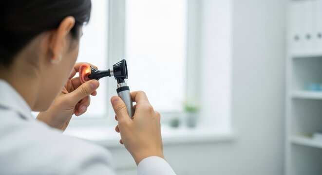 Doctor examining patient's ear with otoscope in bright examination room