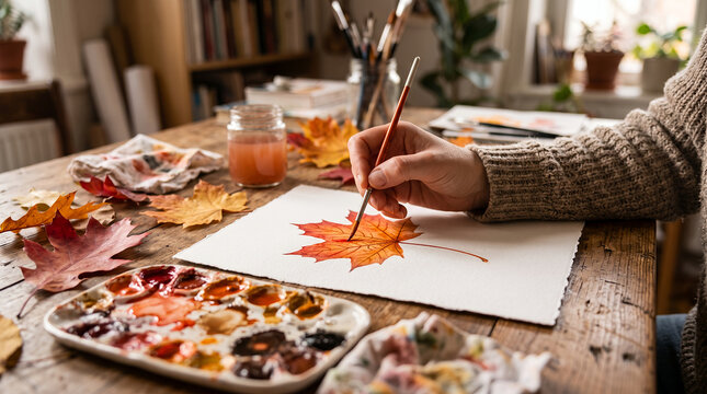 Autumn family connection painting a leaf with watercolors at home  
