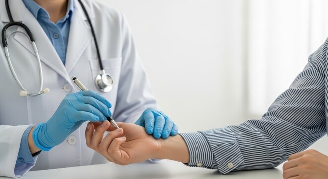 Doctor in blue gloves performing a medical examination on a patient's hand with a pen